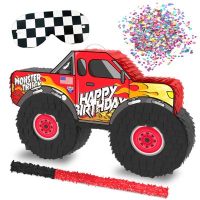 Jergrim Monster Truck Piata, 4 Piece Set, perfect for Kids Birthday Parties, Race Car Party Supplies fits piata candy and party favors (16X10) Durable! (Red Monster Truck)