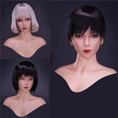 1/6 Scale Female Head Sculpt,Beauty Cool Girl Pale Skin Planted Hair Head Carved for 12inch Female Action Figure Collection (C)