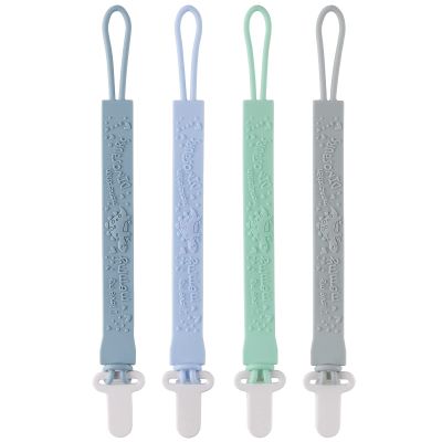 4-Pack Silicone Pacifier Clips with One-Piece Beads for Baby Boys and Girls - Flexible and Rust-Free Holders for Teething Relief and Baby Essentials, Safe for Newborns (Flat, Grey)