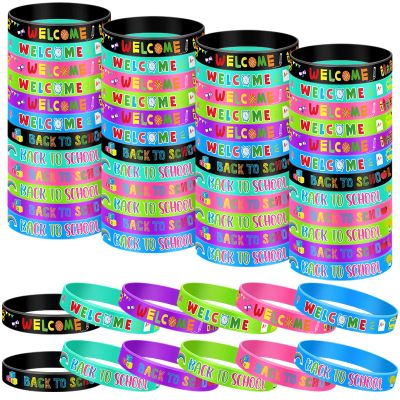 60 Pcs Welcome Back to School Bracelets Silicone Wristbands Rubber 100 Days of School/First Day of School Party Rubber Bracelets for Birthday Party Supplies Decorations Prize School Gift