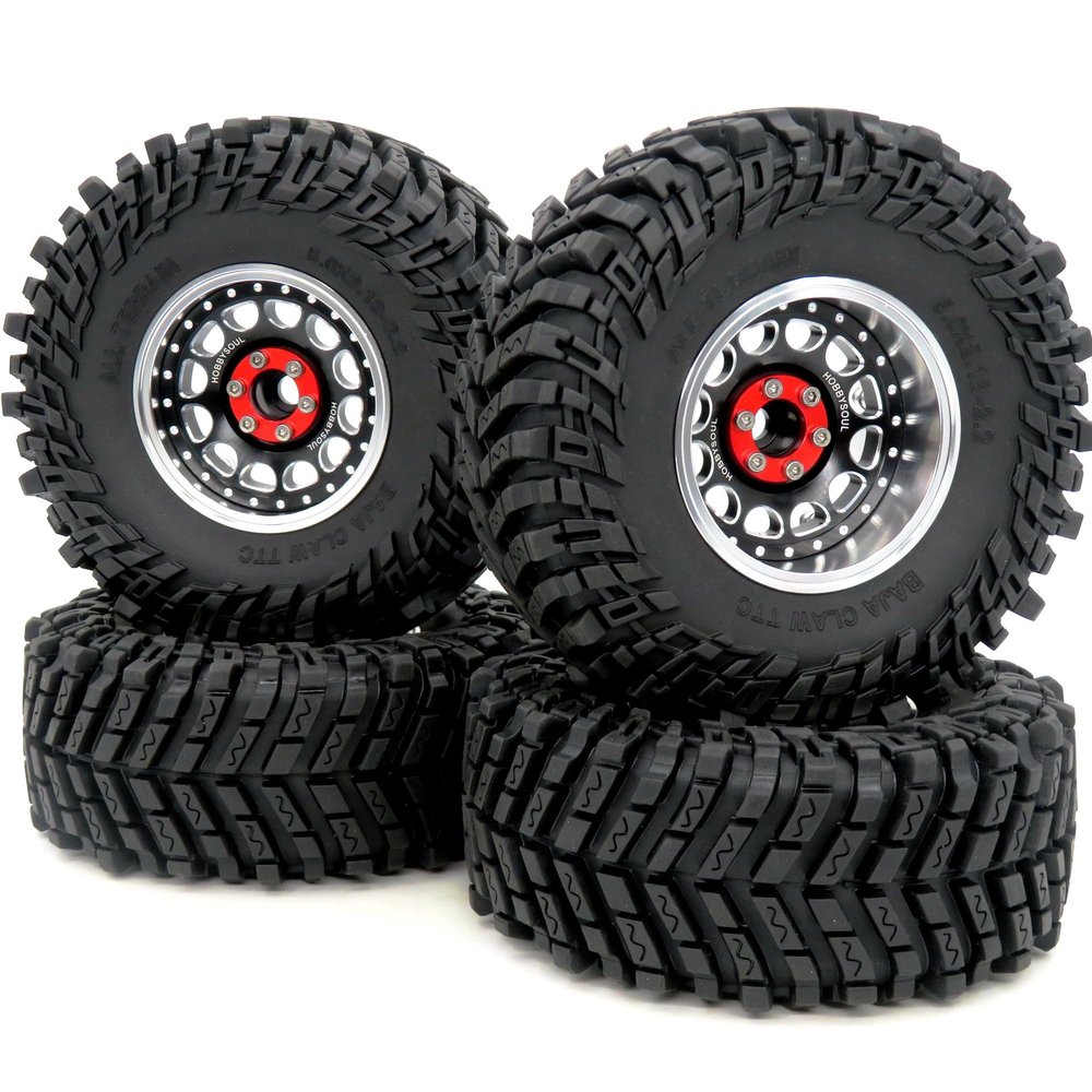 HOBBYSOUL RC Adjustable 4 Offsets 2.2 Beadlock Wheels and Tires, 2.2 Rims and Height 5.0'' Tires Fit for RC Mud Crawler Trail Gen7 Gen8 Everest 10 / Axial Capra Wraith,(4-Pack, Assembled)