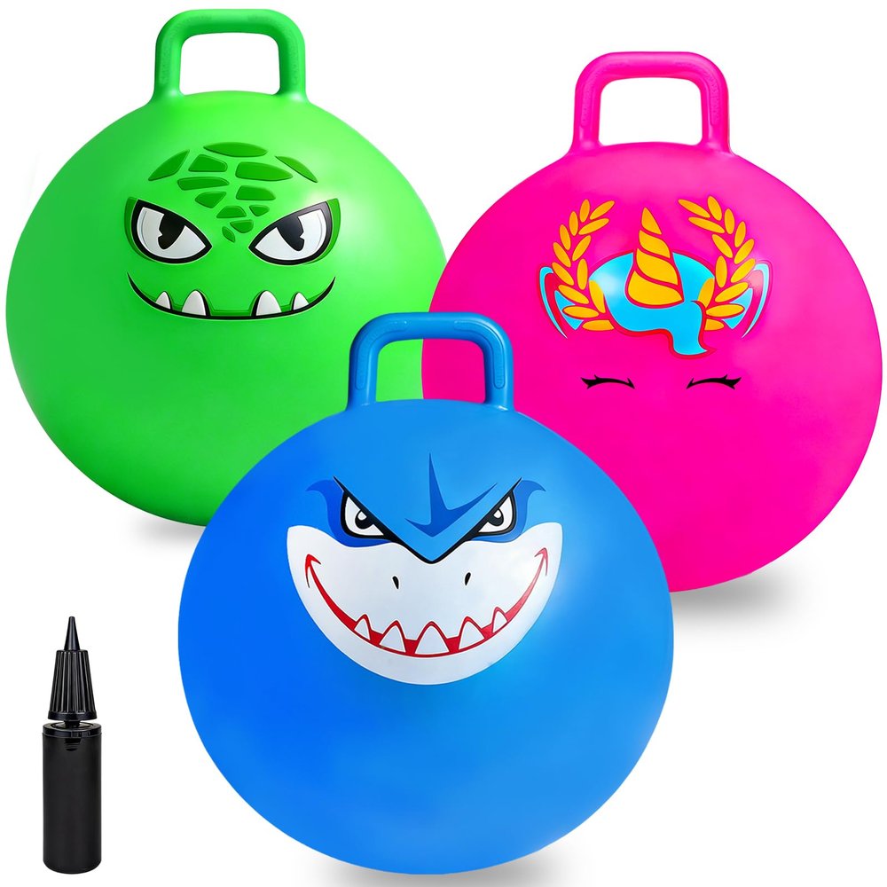 Hymaz Bounce Balls with Handles for Kids, 3 Pack Hopper Ball for Kids 3-6, Hippity Hop Balls 18 Inch with Air Pump, Jumping Bouncing Ball Ride On Toys for Sports Games Balance Exercise Fun