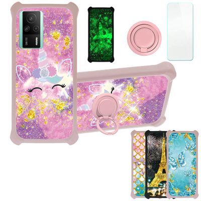Case for Redmi K60E 5G Case Compatible with Redmi K60E 5G Phone Case Cover [with Tempered Glass Screen Protector][PC + TPU 2 in 1][Ring Support] [Gold Glitter+Luminous] JSF-DJS