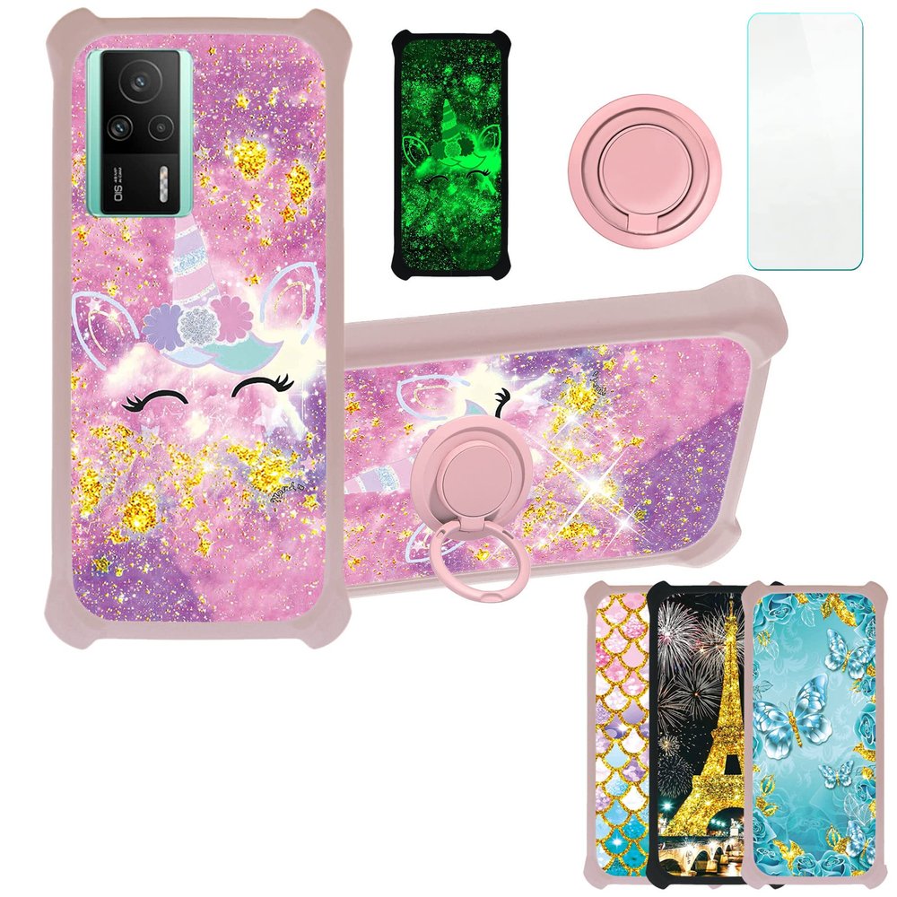 Case for Redmi K60E 5G Case Compatible with Redmi K60E 5G Phone Case Cover [with Tempered Glass Screen Protector][PC + TPU 2 in 1][Ring Support] [Gold Glitter+Luminous] JSF-DJS