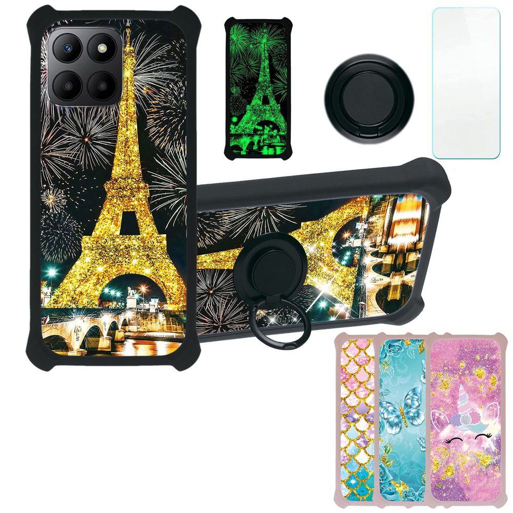 Case for Honor 70 Lite Case Compatible with Honor 70 Lite Phone Case Cover [with Tempered Glass Screen Protector][PC + TPU 2 in 1][Ring Support] [Gold Glitter+Luminous] JSH-TT
