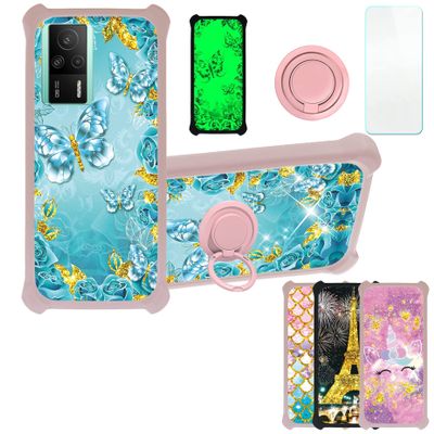Case for Redmi K60E 5G Case Compatible with Redmi K60E 5G Phone Case Cover [with Tempered Glass Screen Protector][PC + TPU 2 in 1][Ring Support] [Gold Glitter+Luminous] JSF-YHD