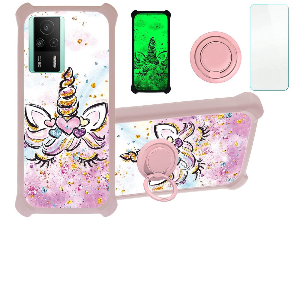 Case for Redmi K60E 5G Case Compatible with Redmi K60E 5G Phone Case Cover [with Tempered Glass Screen Protector][PC + TPU 2 in 1][Ring Support] [Gold Glitter+Luminous] JSF-JJS