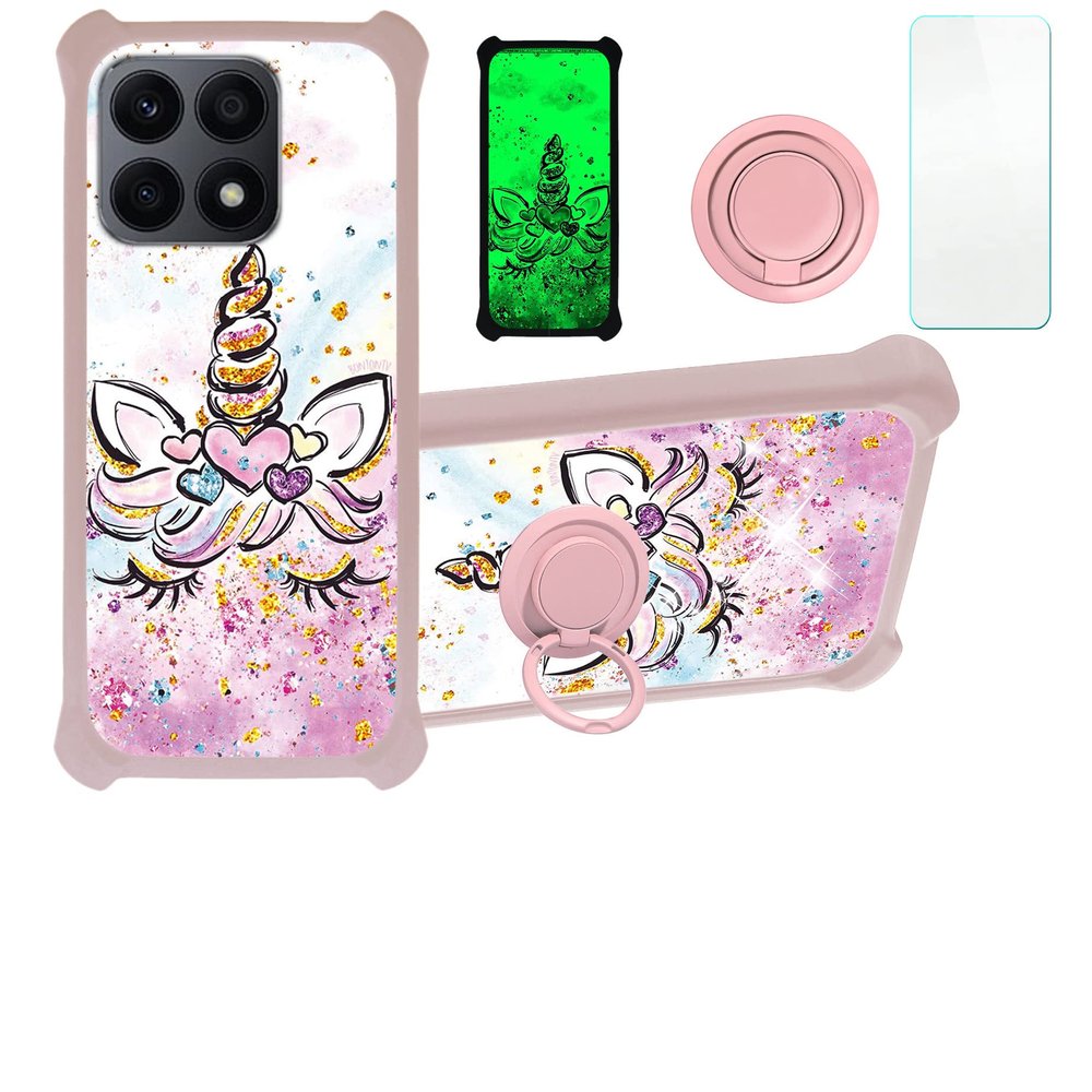 Case for Honor X8a Case Compatible with Honor X8a Phone Case Cover [with Tempered Glass Screen Protector][PC + TPU 2 in 1][Ring Support] [Gold Glitter+Luminous] JSF-JJS
