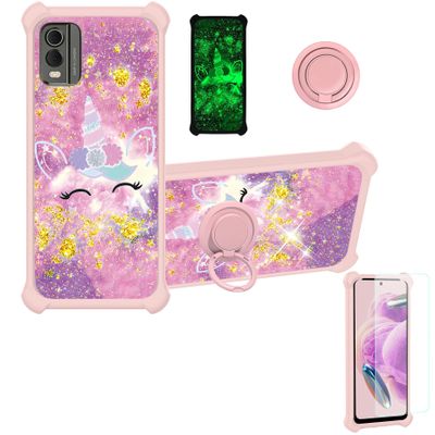 Case for Nokia C32 Case Compatible with Nokia C32 Phone Case Cover [with Tempered Glass Screen Protector][PC + TPU 2 in 1][Ring Support] [Gold Glitter+Luminous] JSF-DJS