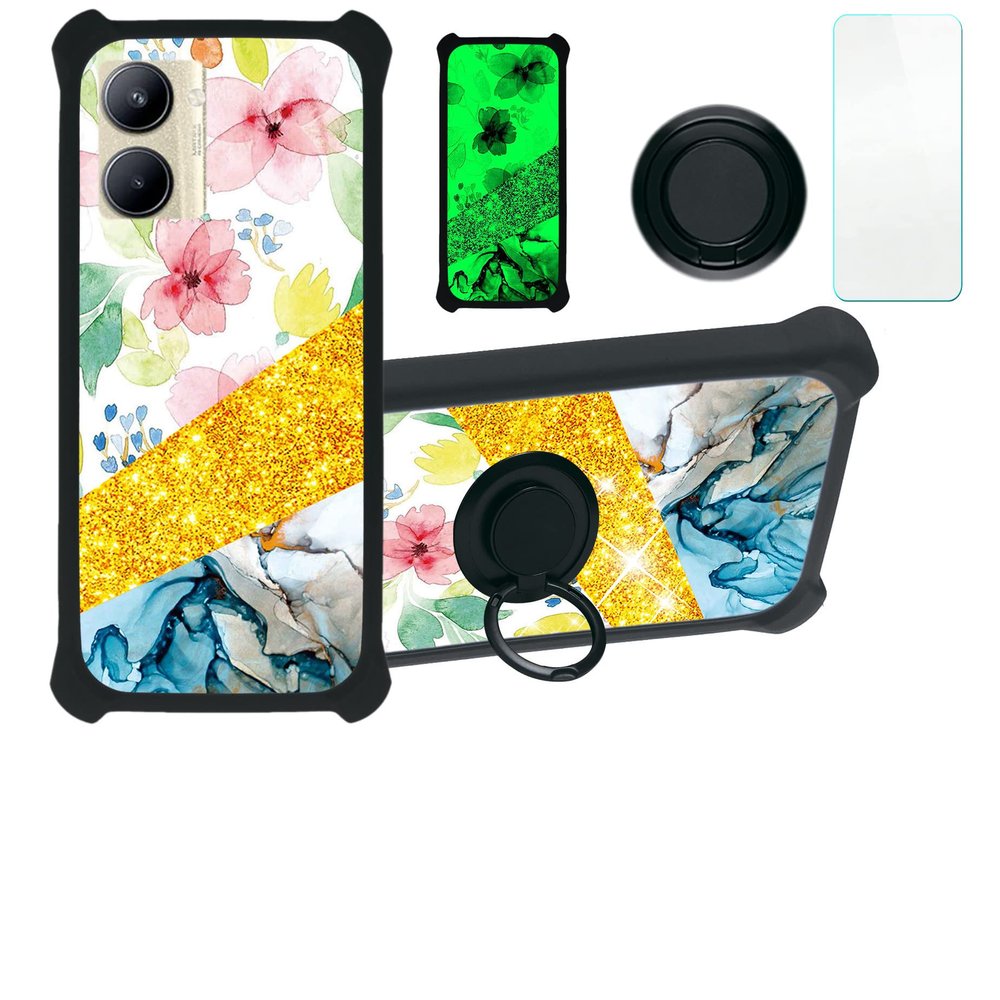 Case for Realme C33 2023 Case Compatible with Realme C33 2023 Phone Case Cover [with Tempered Glass Screen Protector][PC + TPU 2 in 1][Ring Support] [Gold Glitter+Luminous] JSH-SHS
