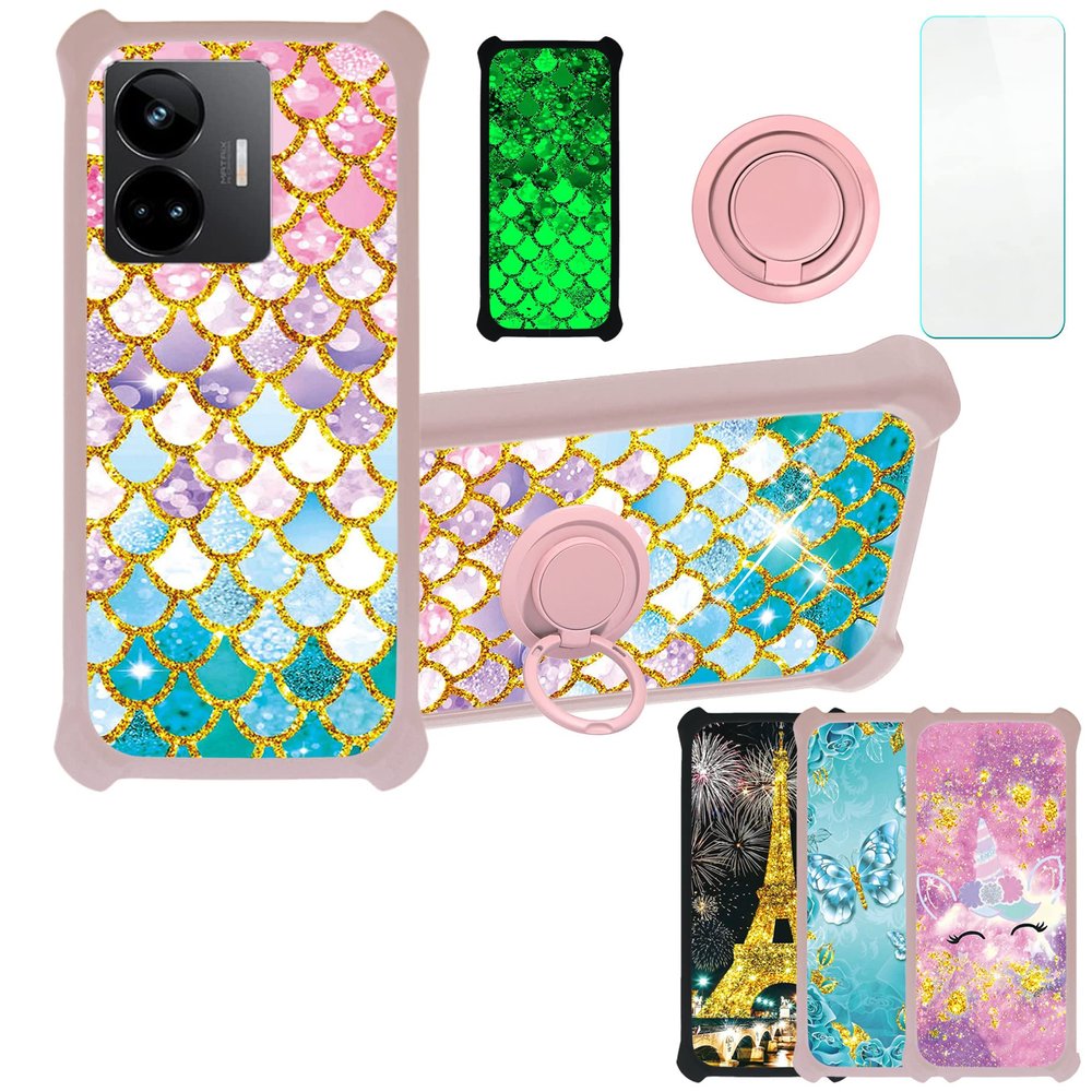 Case for Realme GT3 Case Compatible with Realme GT3 Phone Case Cover [with Tempered Glass Screen Protector][PC + TPU 2 in 1][Ring Support] [Gold Glitter+Luminous] JSF-YL