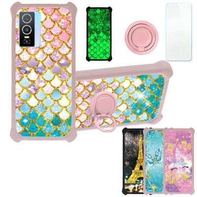Case for VIVO Y76 5G Case Compatible with VIVO Y76 5G Phone Case Cover [with Tempered Glass Screen Protector][PC + TPU 2 in 1][Ring Support] [Gold Glitter+Luminous] JSF-YL
