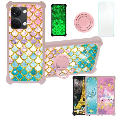 Case for OnePlus Ace 2V Case Compatible with OnePlus Ace 2V Phone Case Cover [with Tempered Glass Screen Protector][PC + TPU 2 in 1][Ring Support] [Gold Glitter+Luminous] JSF-YL