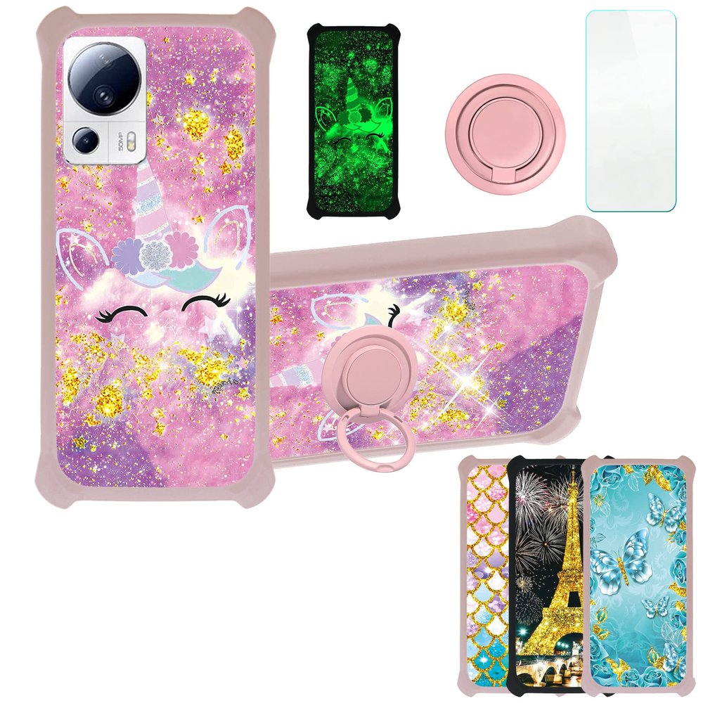 Case for Xiaomi Civi 3 Case Compatible with Xiaomi Civi 3 Phone Case Cover [with Tempered Glass Screen Protector][PC + TPU 2 in 1][Ring Support] [Gold Glitter+Luminous] JSF-DJS