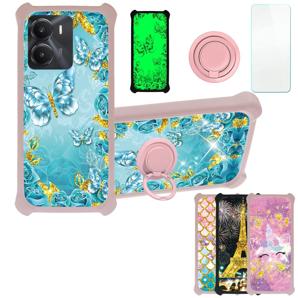 Case for Vivo iQOO Z7i Case Compatible with Vivo iQOO Z7i Phone Case Cover [with Tempered Glass Screen Protector][PC + TPU 2 in 1][Ring Support] [Gold Glitter+Luminous] JSF-YHD