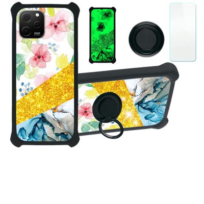 Case for Huawei Enjoy 50z Case Compatible with Huawei Enjoy 50z Phone Case Cover [with Tempered Glass Screen Protector][PC + TPU 2 in 1][Ring Support] [Gold Glitter+Luminous] JSH-SHS