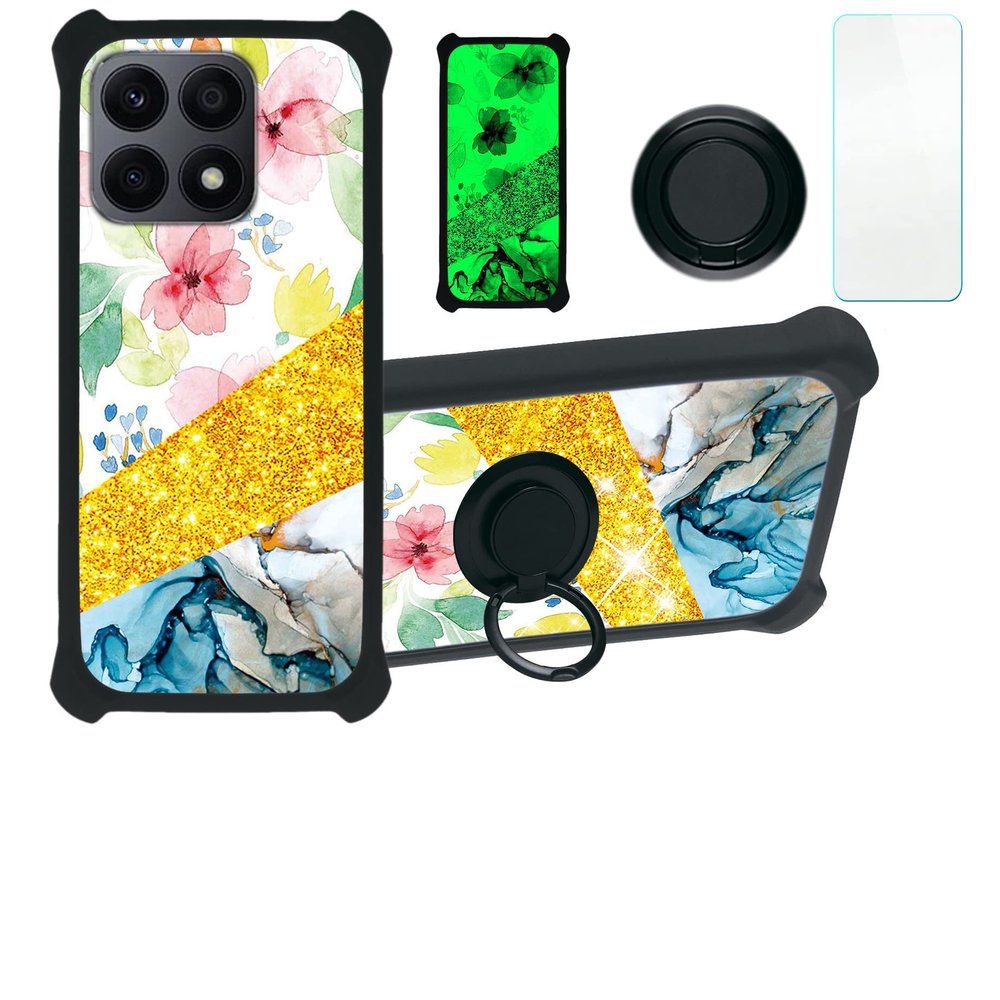 Case for Honor X8a Case Compatible with Honor X8a Phone Case Cover [with Tempered Glass Screen Protector][PC + TPU 2 in 1][Ring Support] [Gold Glitter+Luminous] JSH-SHS