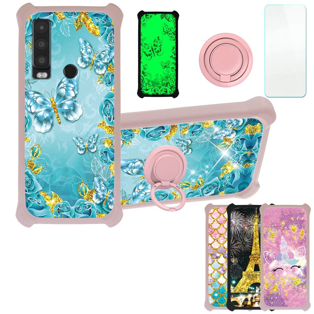 Case for Cat S75 Case Compatible with Cat S75 Phone Case Cover [with Tempered Glass Screen Protector][PC + TPU 2 in 1][Ring Support] [Gold Glitter+Luminous] JSF-YHD