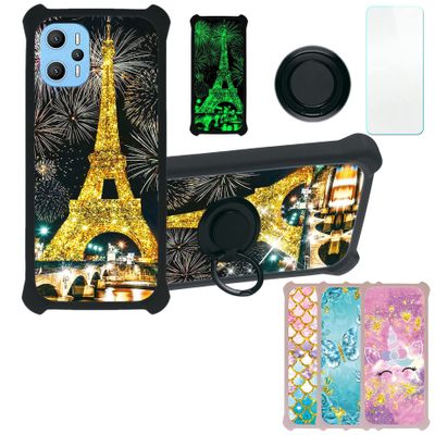 Case for UMIDIGI F3 Pro 5G Case Compatible with UMIDIGI F3 Pro 5G Phone Case Cover [with Tempered Glass Screen Protector][PC + TPU 2 in 1][Ring Support] [Gold Glitter+Luminous] JSH-TT