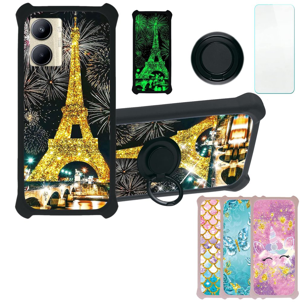 Case for Realme C33 2023 Case Compatible with Realme C33 2023 Phone Case Cover [with Tempered Glass Screen Protector][PC + TPU 2 in 1][Ring Support] [Gold Glitter+Luminous] JSH-TT