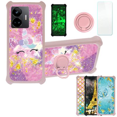 Case for Realme GT3 Case Compatible with Realme GT3 Phone Case Cover [with Tempered Glass Screen Protector][PC + TPU 2 in 1][Ring Support] [Gold Glitter+Luminous] JSF-DJS