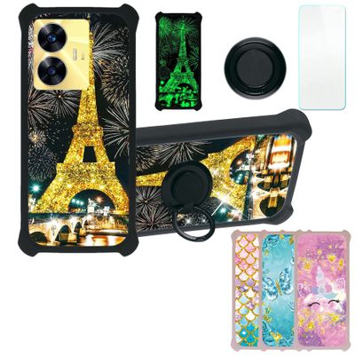 Case for Realme C55 Case Compatible with Realme C55 Phone Case Cover [with Tempered Glass Screen Protector][PC + TPU 2 in 1][Ring Support] [Gold Glitter+Luminous] JSH-TT