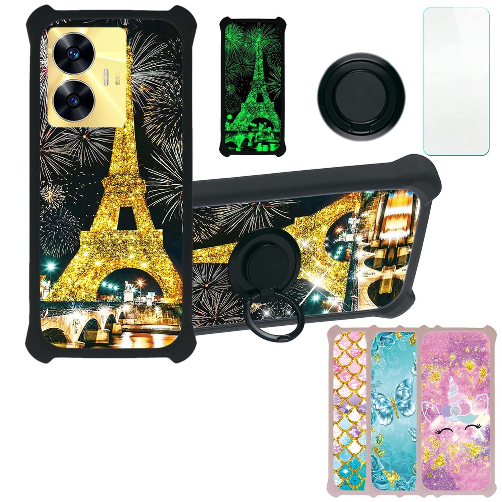 Case for Realme C55 Case Compatible with Realme C55 Phone Case Cover [with Tempered Glass Screen Protector][PC + TPU 2 in 1][Ring Support] [Gold Glitter+Luminous] JSH-TT