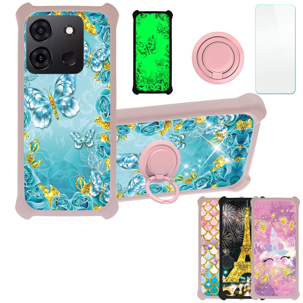 Case for Infinix Smart 7 Plus Case Compatible with Infinix Smart 7 Plus Phone Case Cover [with Tempered Glass Screen Protector][PC + TPU 2 in 1][Ring Support] [Gold Glitter+Luminous] JSF-YHD