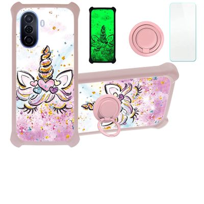 Case for Huawei Enjoy 50 Case Compatible with Huawei Enjoy 50 Phone Case Cover [with Tempered Glass Screen Protector][PC + TPU 2 in 1][Ring Support] [Gold Glitter+Luminous] JSF-JJS