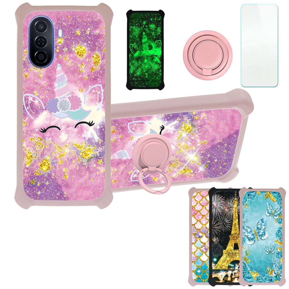 Case for Huawei Enjoy 50 Case Compatible with Huawei Enjoy 50 Phone Case Cover [with Tempered Glass Screen Protector][PC + TPU 2 in 1][Ring Support] [Gold Glitter+Luminous] JSF-DJS