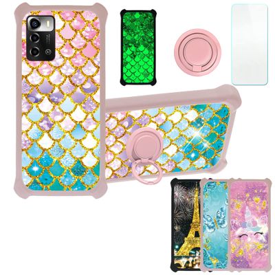 Case for ZTE Blade V40 Smart 5G Case Compatible with ZTE Blade V40 Smart 5G Phone Case Cover [with Tempered Glass Screen Protector][PC + TPU 2 in 1][Ring Support] [Gold Glitter+Luminous] JSF-YL