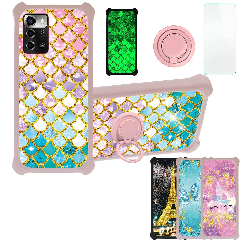 Case for ZTE Blade V40 Smart 5G Case Compatible with ZTE Blade V40 Smart 5G Phone Case Cover [with Tempered Glass Screen Protector][PC + TPU 2 in 1][Ring Support] [Gold Glitter+Luminous] JSF-YL