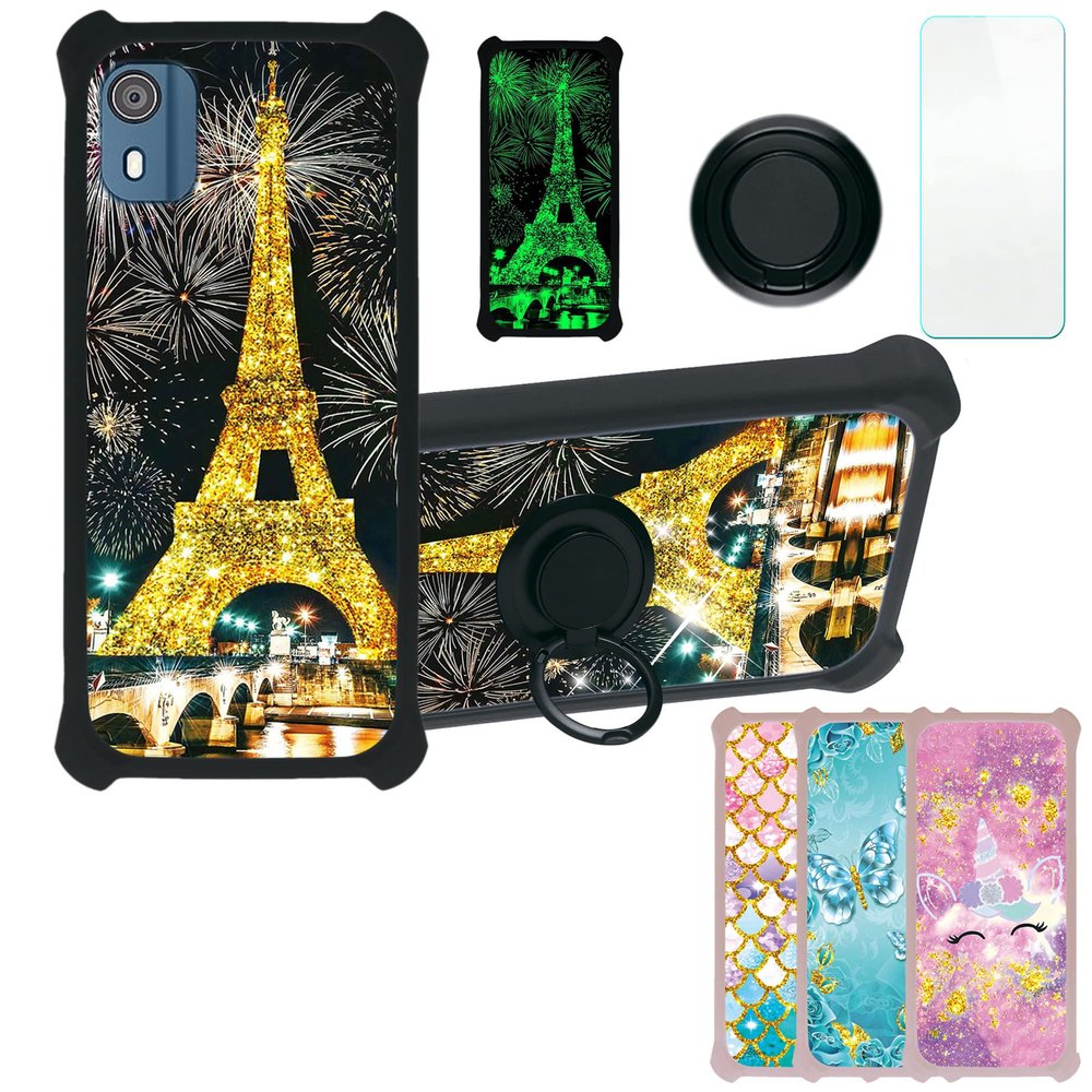 Case for Nokia C02 Case Compatible with Nokia C02 Phone Case Cover [with Tempered Glass Screen Protector][PC + TPU 2 in 1][Ring Support] [Gold Glitter+Luminous] JSH-TT