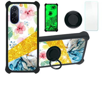 Case for Huawei Enjoy 50 Case Compatible with Huawei Enjoy 50 Phone Case Cover [with Tempered Glass Screen Protector][PC + TPU 2 in 1][Ring Support] [Gold Glitter+Luminous] JSH-SHS