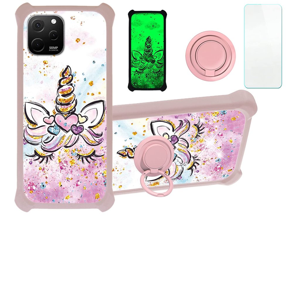 Case for Huawei Enjoy 50z Case Compatible with Huawei Enjoy 50z Phone Case Cover [with Tempered Glass Screen Protector][PC + TPU 2 in 1][Ring Support] [Gold Glitter+Luminous] JSF-JJS