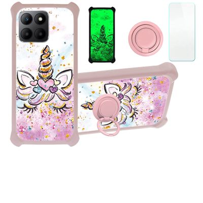 Case for Honor 70 Lite Case Compatible with Honor 70 Lite Phone Case Cover [with Tempered Glass Screen Protector][PC + TPU 2 in 1][Ring Support] [Gold Glitter+Luminous] JSF-JJS
