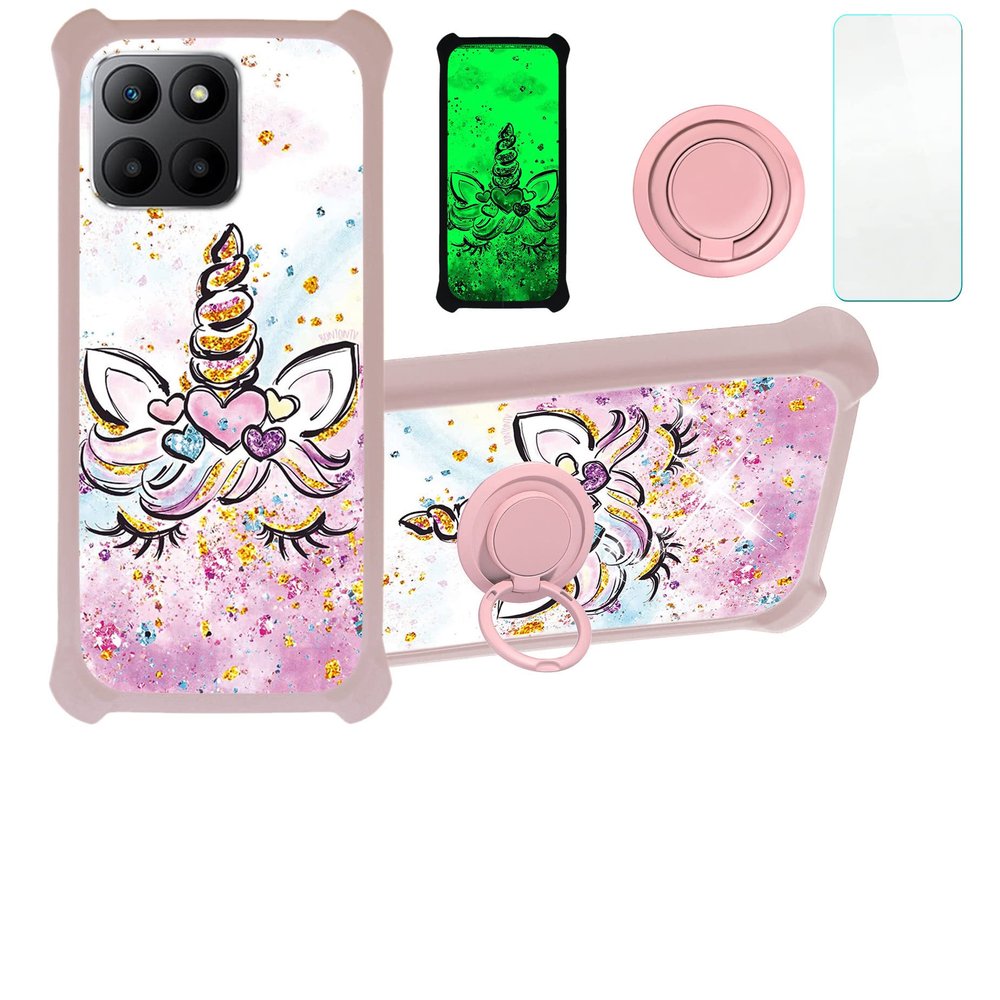 Case for Honor 70 Lite Case Compatible with Honor 70 Lite Phone Case Cover [with Tempered Glass Screen Protector][PC + TPU 2 in 1][Ring Support] [Gold Glitter+Luminous] JSF-JJS
