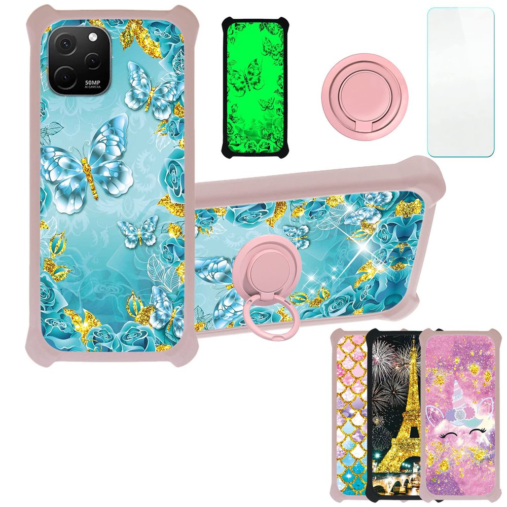 Case for Huawei Enjoy 50z Case Compatible with Huawei Enjoy 50z Phone Case Cover [with Tempered Glass Screen Protector][PC + TPU 2 in 1][Ring Support] [Gold Glitter+Luminous] JSF-YHD