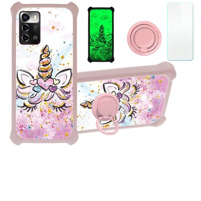 Case for ZTE Blade V40 Smart 5G Case Compatible with ZTE Blade V40 Smart 5G Phone Case Cover [with Tempered Glass Screen Protector][PC + TPU 2 in 1][Ring Support] [Gold Glitter+Luminous] JSF-JJS