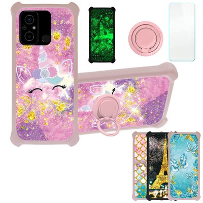 Case for Poco C55 Case Compatible with Poco C55 Phone Case Cover [with Tempered Glass Screen Protector][PC + TPU 2 in 1][Ring Support] [Gold Glitter+Luminous] JSF-DJS