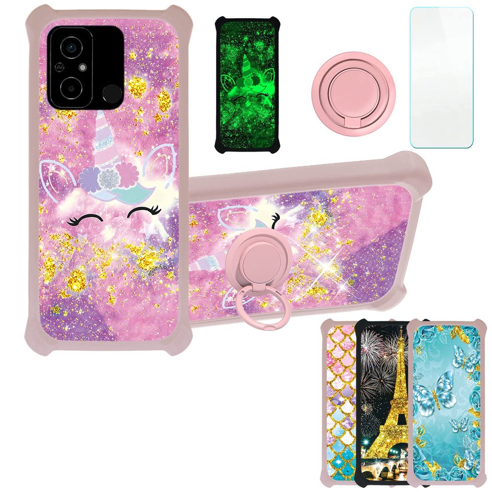 Case for Poco C55 Case Compatible with Poco C55 Phone Case Cover [with Tempered Glass Screen Protector][PC + TPU 2 in 1][Ring Support] [Gold Glitter+Luminous] JSF-DJS