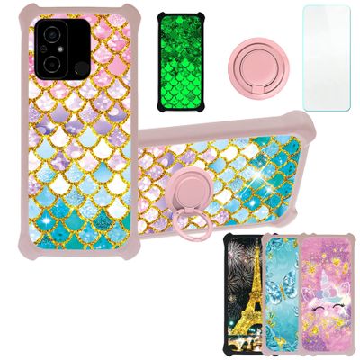 Case for Poco C55 Case Compatible with Poco C55 Phone Case Cover [with Tempered Glass Screen Protector][PC + TPU 2 in 1][Ring Support] [Gold Glitter+Luminous] JSF-YL
