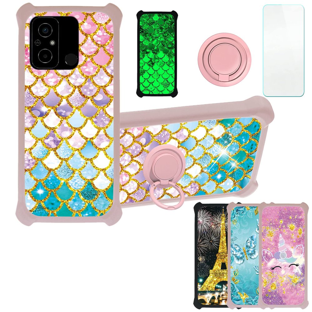 Case for Poco C55 Case Compatible with Poco C55 Phone Case Cover [with Tempered Glass Screen Protector][PC + TPU 2 in 1][Ring Support] [Gold Glitter+Luminous] JSF-YL