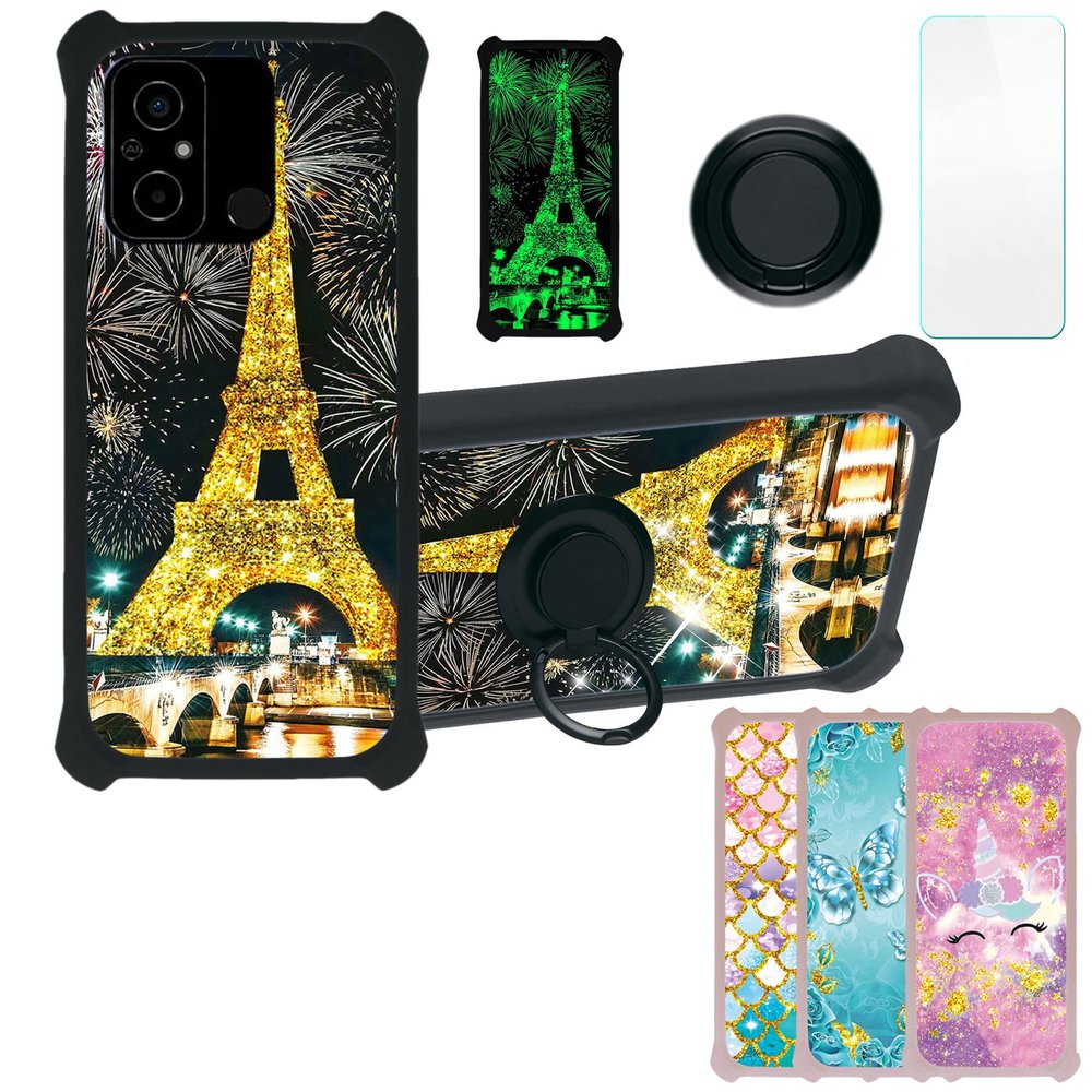 Case for Poco C55 Case Compatible with Poco C55 Phone Case Cover [with Tempered Glass Screen Protector][PC + TPU 2 in 1][Ring Support] [Gold Glitter+Luminous] JSH-TT