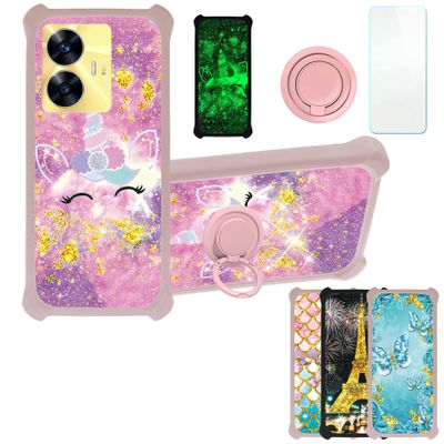 Case for Realme C55 Case Compatible with Realme C55 Phone Case Cover [with Tempered Glass Screen Protector][PC + TPU 2 in 1][Ring Support] [Gold Glitter+Luminous] JSF-DJS