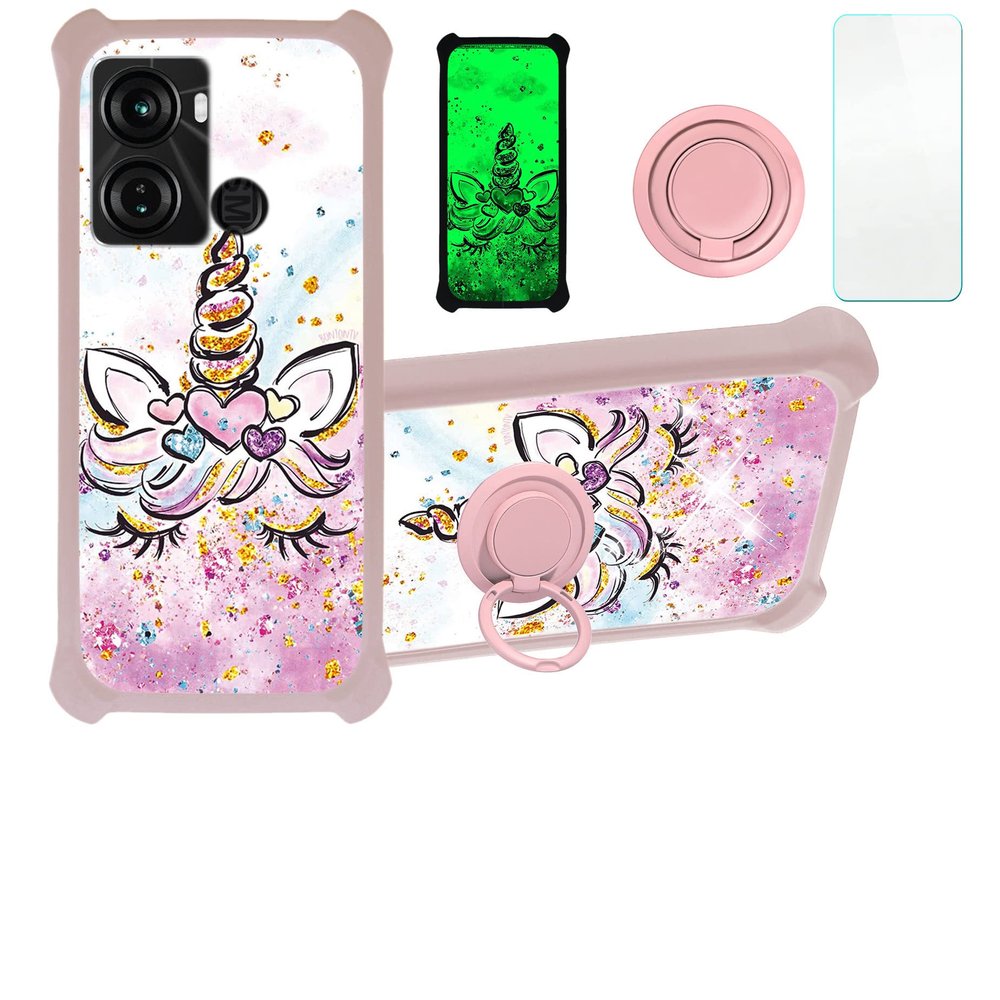 Case for Itel P40 Case Compatible with Itel P40 Phone Case Cover [with Tempered Glass Screen Protector][PC + TPU 2 in 1][Ring Support] [Gold Glitter+Luminous] JSF-JJS