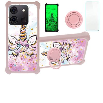 Case for Infinix Smart 7 Plus Case Compatible with Infinix Smart 7 Plus Phone Case Cover [with Tempered Glass Screen Protector][PC + TPU 2 in 1][Ring Support] [Gold Glitter+Luminous] JSF-JJS