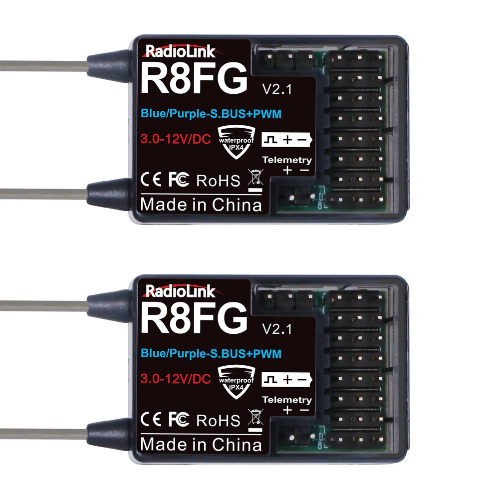Radiolink R8FG V2.1 8 Channels Gyro Receiver 2pcs, 2.4GHz 600m Long Range Control Voltage Telemetry, Water-Splash RX for RC Remote Controller RC8X/RC6GS V3/RC4GS V3 RC Crawler Car Boat
