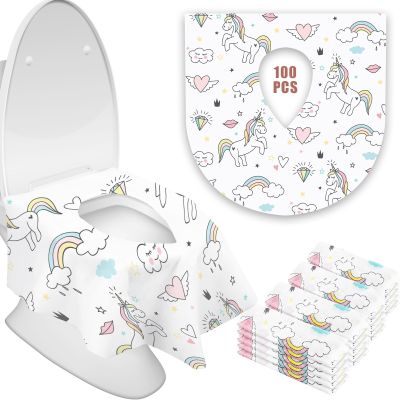 100 Pieces Toilet Seat Covers Disposable For Kids Toddler Flushable Toilet Covers Travel Pack Waterproof Potty Training Liner Pads Extra Large Foldable Toilet Covers for Baby and Adults (Unicorn)