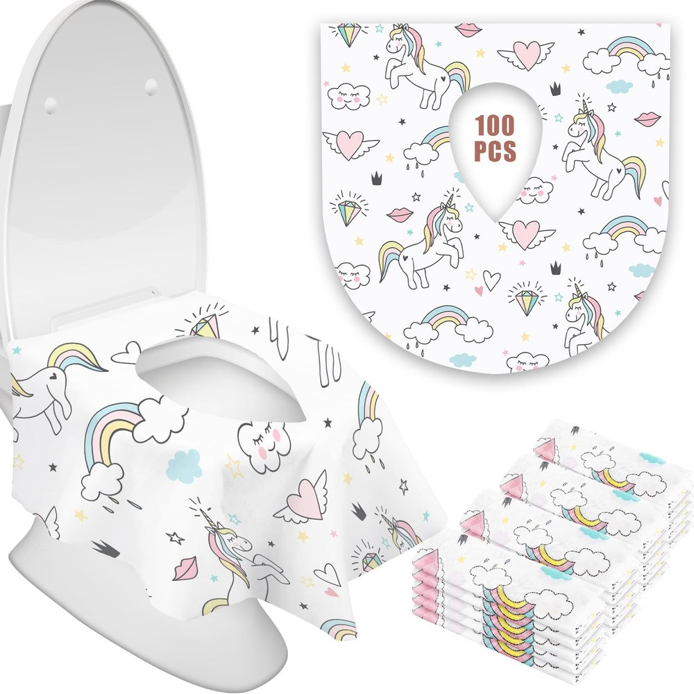 100 Pieces Toilet Seat Covers Disposable For Kids Toddler Flushable Toilet Covers Travel Pack Waterproof Potty Training Liner Pads Extra Large Foldable Toilet Covers for Baby and Adults (Unicorn)